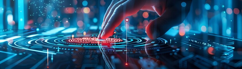 Poster - A futuristic hand interacts with a glowing digital interface, showcasing technology, innovation, and connectivity.