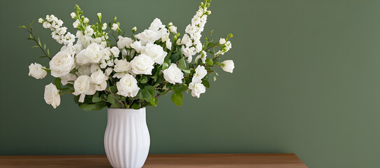 Poster - White Roses and Flowers in a White Vase Against a Green Wall - Home Decor and Floral Design