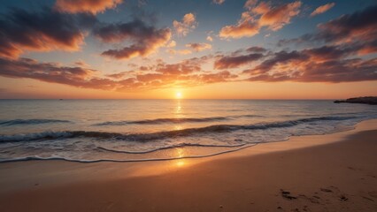 Golden sunset illuminating ocean waves crashing on sandy beach