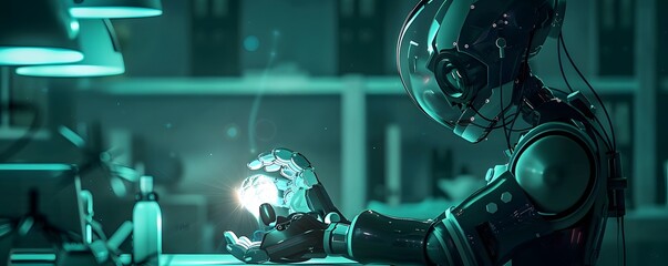 Poster - A futuristic robot holding a glowing orb, exploring technology in a high-tech laboratory environment.