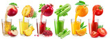 Set of fruit juice glasses and fresh juice pouring from fruits into the glasses.