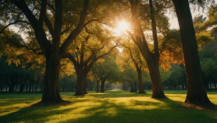 Sticker - Green trees aligned in a park bathed in orange sunlight. Room for adding text or design.