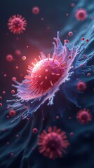 Wall Mural - Close-up of cancer cell with red nucleus in blue environment