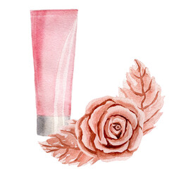 Pink tube with cream with composition of plastic or metal rose head and two leaves. Watercolor illustrations isolated on white background. For design