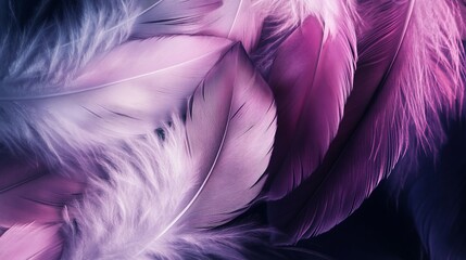 A stunning abstract design featuring white and purple feathers against a black background. The soft texture of white feathers is layered on a white pattern and a purple background