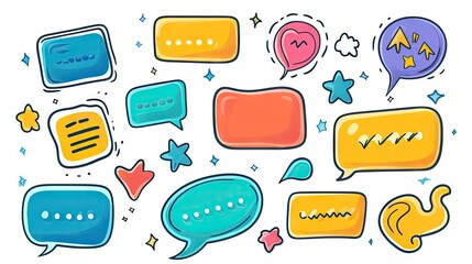 Fototapete - Variety of speech bubble and message box illustrations in cartoon style with outline designs and empty text areas for creative use in chat applications