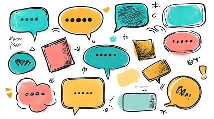 Fototapete - Variety of speech bubble and message box designs in doodle style with blank spaces for text. Perfect for visualizing conversations and chat interactions. -