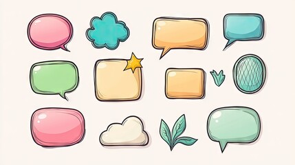 Fototapete - Variety of speech bubble and message box illustrations in cartoon style with outline designs and empty text areas for creative use in chat applications