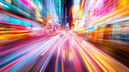 Poster - Vibrant light trails in motion over a city background, creating an abstract, high-energy effect with a touch of modernity.