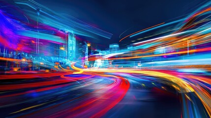 Poster - Vibrant light trails in motion over a city background, creating an abstract, high-energy effect with a touch of modernity.