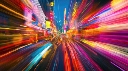 Poster - Vibrant light trails in motion over a city background, creating an abstract, high-energy effect with a touch of modernity.