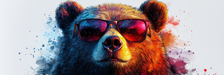 A cool bear with sunglasses and a colorful, artistic background.