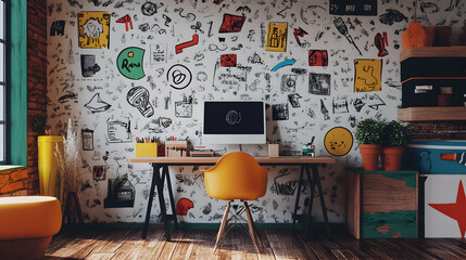 A modern workspace with a white wall covered in colorful doodles, a yellow chair and a desk with a computer.