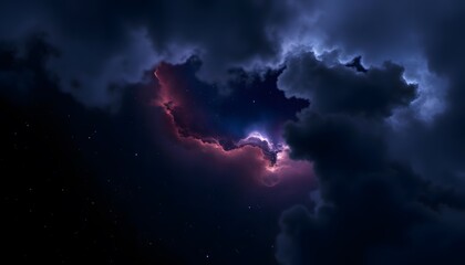 Starry night sky with a vibrant nebula cutting through the clouds.