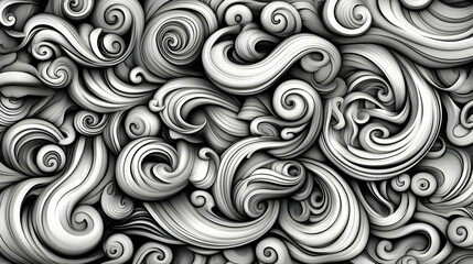 Wall Mural - Abstract background with swirling, layered, grayscale, 3D shapes.