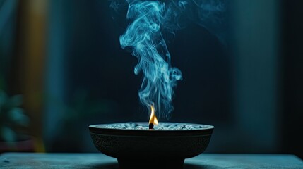 Wisps of white smoke rising gently from a burning incense stick, with a dark, blurred background adding to the atmosphere