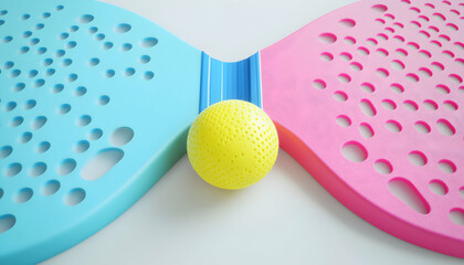 a yellow ball sits between two paddle rackets on a white background.