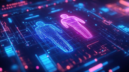 Poster - Futuristic AI-Driven Company Interface with Digital Human Figures