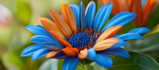 Canvas Print - Vibrant Blue and Orange Flower Macro Photography with Soft Bokeh Background for Spring and Summer Designs