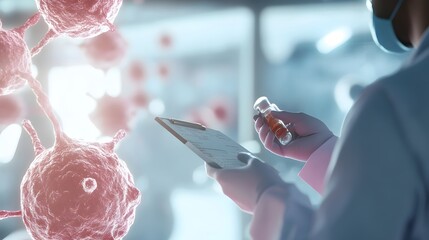 Wall Mural - a scientist in a lab coat examines a vial, focused on finding a cure for cancer.