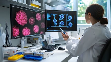 Wall Mural - a female scientist studies a cancer cure on a computer.