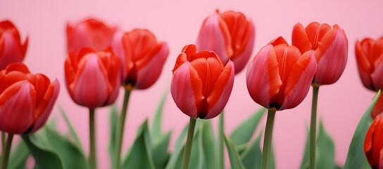 Poster - Vibrant Red Tulips Bouquet Against Pink Background, Spring Flowers, Floral Decoration