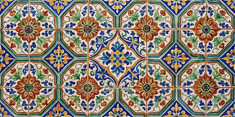 A close-up of a colorful floral tile with a geometric pattern, Italian Renaissance, maiolica tile, Italian art, ceramics, decorative art