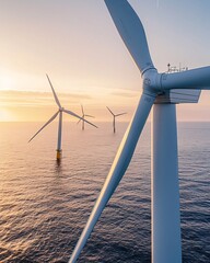  windmill farm in sea at sunset