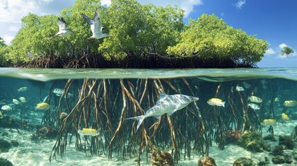 Wall Mural - A mangrove forest with roots submerged in water, home to fish, birds, and crustaceans, illustrating a coastal ecosystem