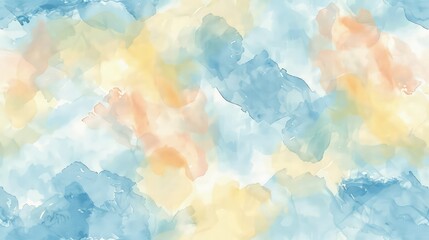 Wall Mural - Create a seamless background pattern using watercolor textures in pastel shades of sky blue, soft yellow, and pale coral. The strokes should appear fluid and effortlessly blended.