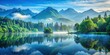 © Achiraya - Serene and calming, a dreamy blue nature background featuring a misty mountain range with lush green trees and a tranquil lake reflecting the sky.