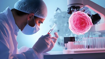 Wall Mural - a scientist in a lab coat and mask examines a test tube while a large, red cell hovers nearby.