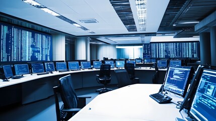 Poster - A modern trading room with multiple computer monitors displaying stock data.