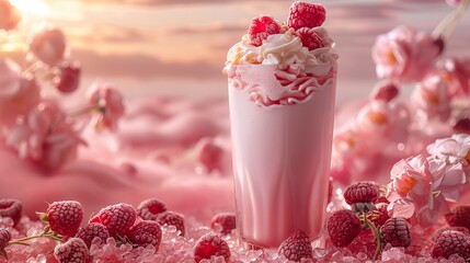 Wall Mural - A tall glass of pink milkshake topped with whipped cream and fresh raspberries sits on a bed of ice and raspberries against a soft pink background with pink flowers.