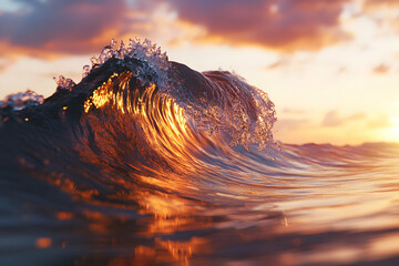 Wall Mural - Dramatic ocean wave illuminated by the golden light of sunset.