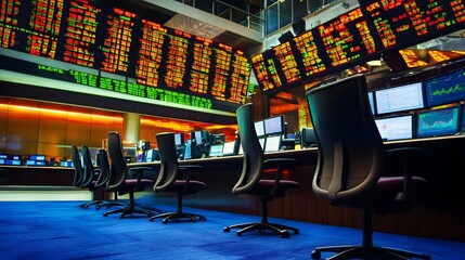 Wall Mural - A row of empty chairs in a stock trading room with a large digital display showing stock prices.