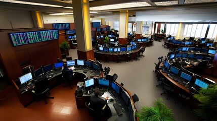 Wall Mural - A bustling stock trading room with numerous workstations, featuring large screens displaying financial data.