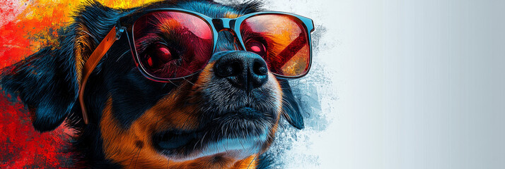 A close-up of a dog wearing red sunglasses against a colorful background.