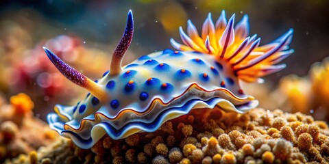 Wall Mural - A Vibrant Blue and Orange Nudibranch on Coral, Underwater Photography, Macro, Nudibranch, Coral Reef, Marine Life