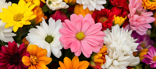 Wall Mural - Vibrant Floral Bouquet with Pink, Yellow, Orange, White Flowers, Close-up for Spring and Summer Design