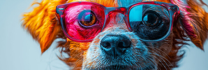 Canvas Print - A dog wearing colorful sunglasses looks directly at the camera.