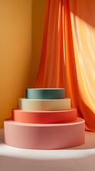 Poster - A multi-layered cake is displayed on a table in front of a curtain