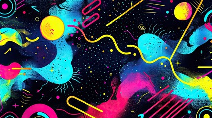 an 80s inspired poster background, featuring abstract illustrations and shapes, quirky neon artwork