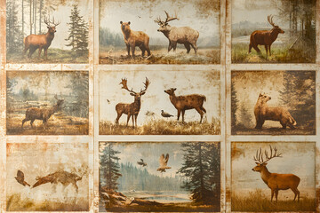 Vintage collage of deer in a forest.