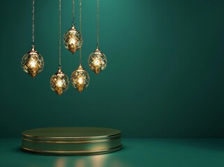 An Eid Mubarak and Ramadan holiday sales concept depicting a gold podium and islamic hanging lanterns.