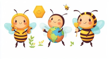 A cute honey bee mascot holding a blank signboard, a honey dripper, and a globe illustration