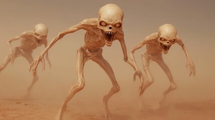 Canvas Print - Three creepy looking creatures are walking through a sandy desert