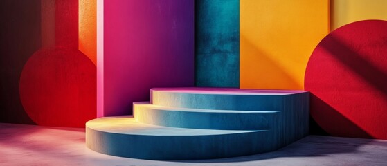 A colorful set of stairs with a blue step in the middle