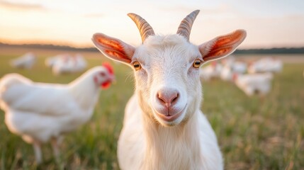 Wall Mural - A goat is standing in a field with a chicken behind it