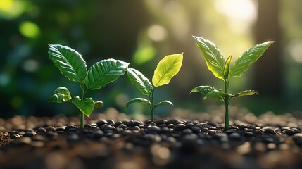 Poster - Coffee bean seedlings sprouting in nature with vibrant green leaves